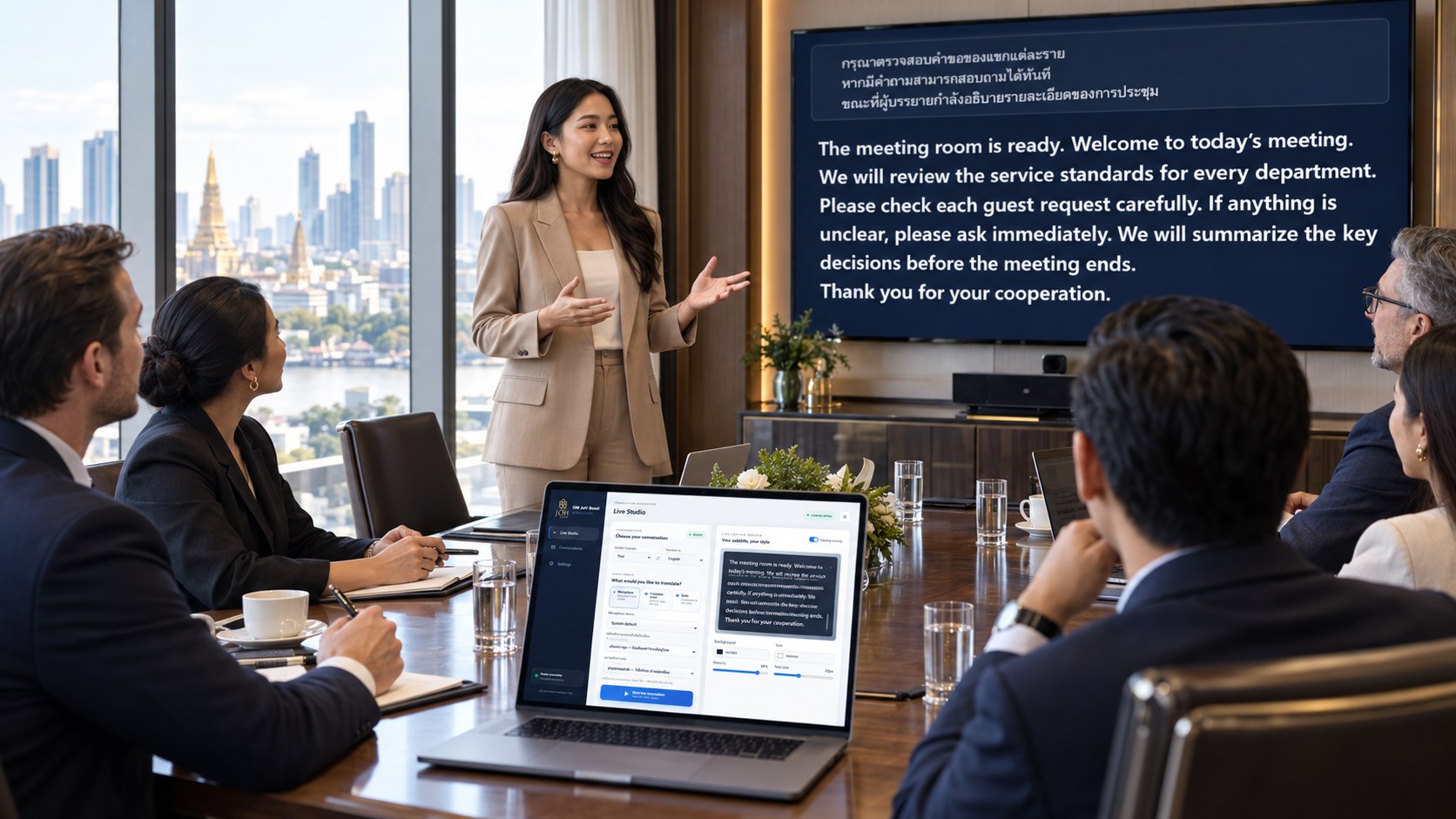 ภาพจำลองการใช้ GM JoH Boost Translator ในห้องประชุมธุรกิจ